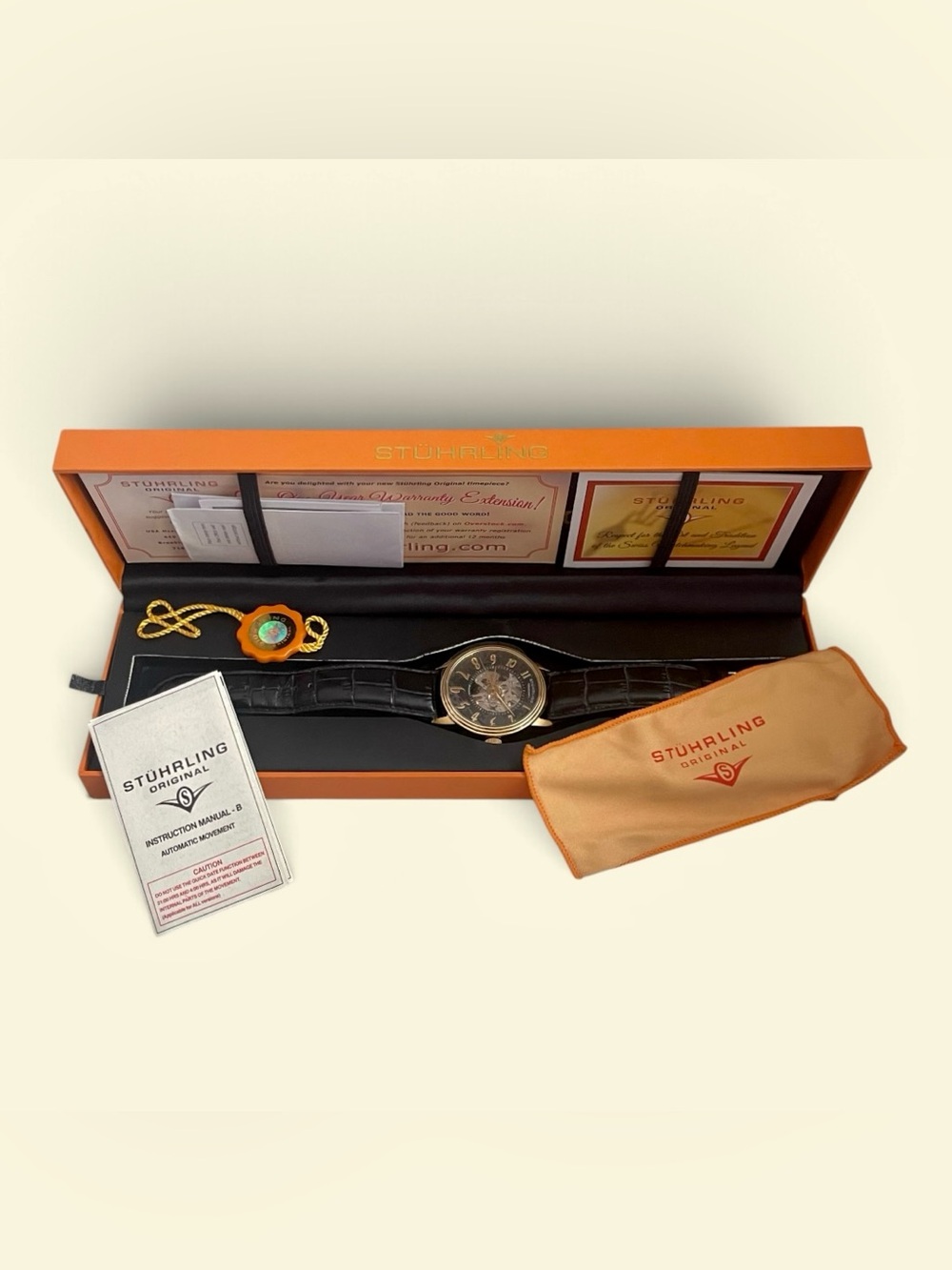 Stuhrling Mens Watch CAL ST-90050 Black Leather Strap Automatic Skeleton Box VTG